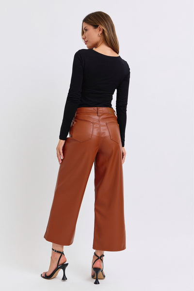 Camel Faux Leather Wide Leg tummy control by JB