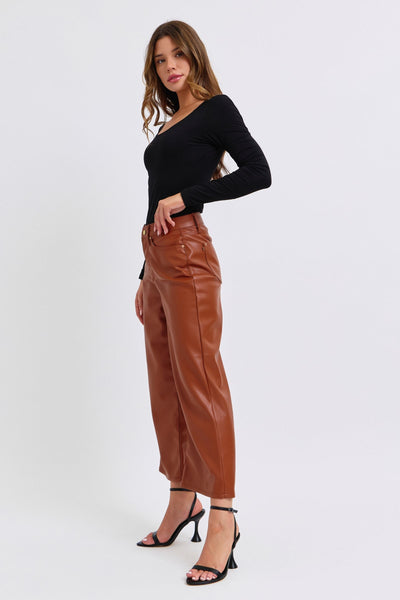 Camel Faux Leather Wide Leg tummy control by JB