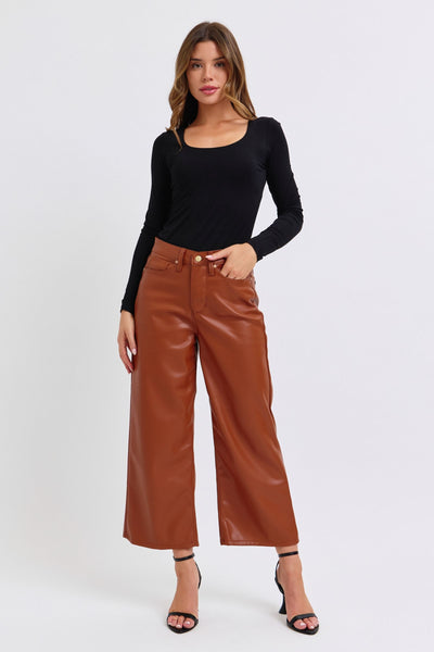 Camel Faux Leather Wide Leg tummy control by JB