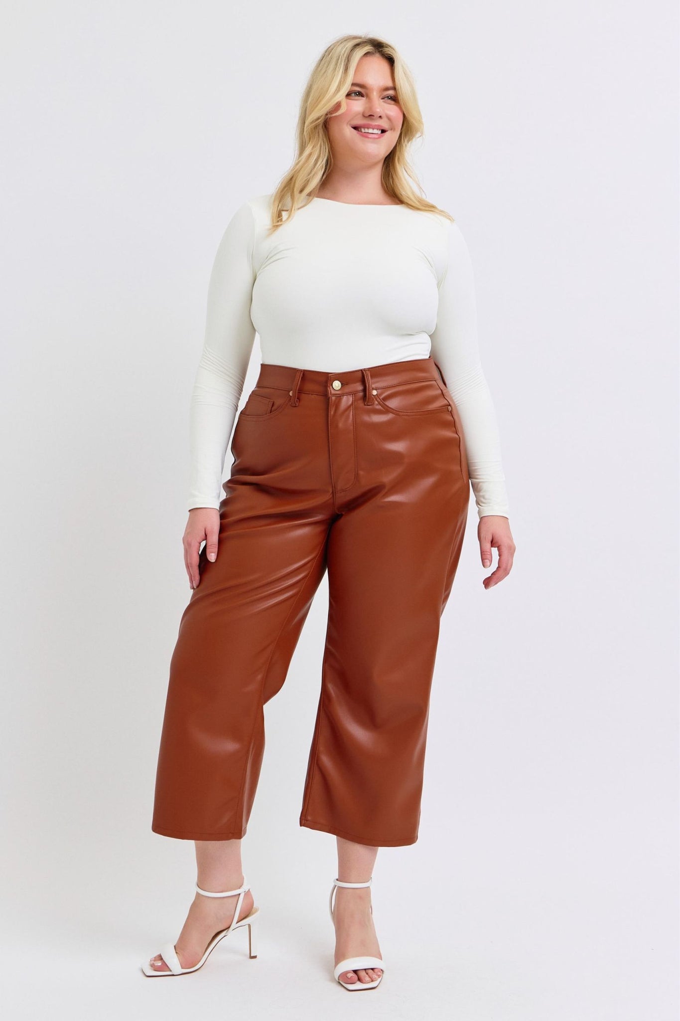 Camel Faux Leather Wide Leg tummy control by JB