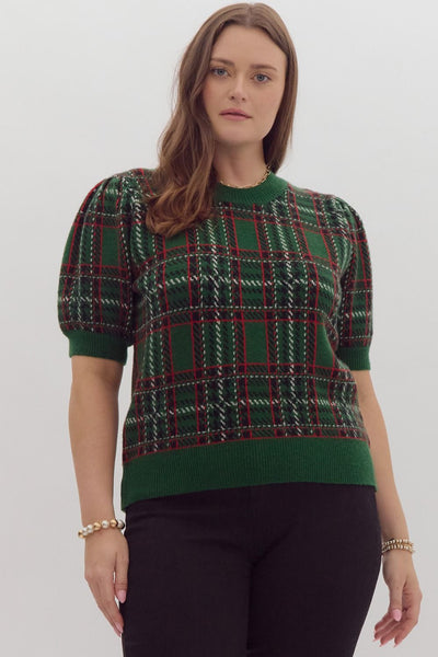 Vintage Plaid Puff Sleeve sweater - CURVE ONLY