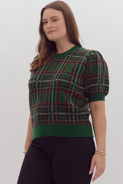 Vintage Plaid Puff Sleeve sweater - CURVE ONLY